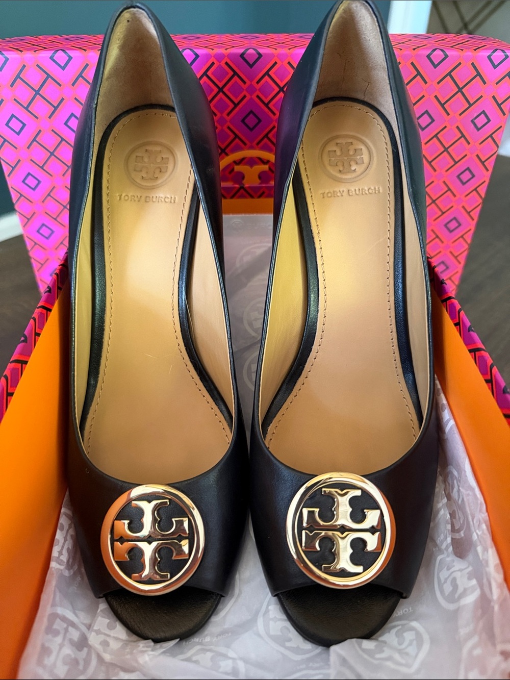 Tory Burch Black Leather Peep-Toe 85MM Wedge Heels with Gold Logo Medallion